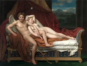 Cupid và Psyche nằm trên ghế trong một bức tranh Tân cổ điển với ánh sáng dịu và phông nền cổ điển.