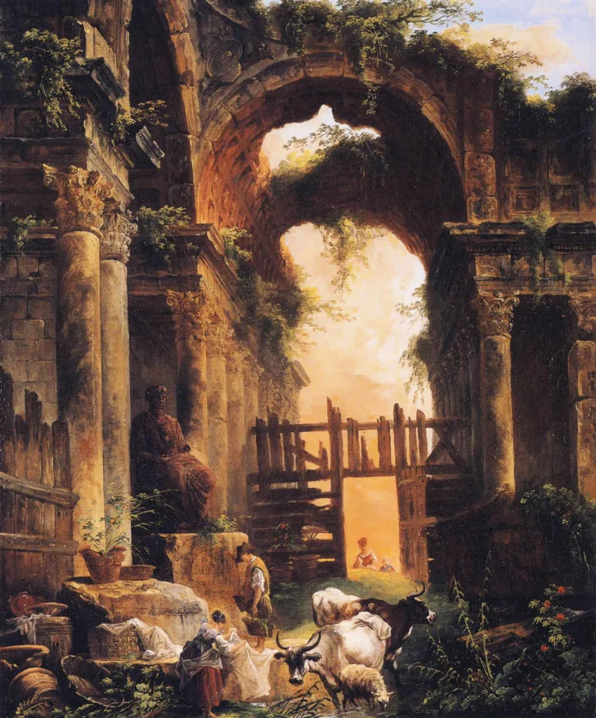 Bức tranh tàn tích La Mã cổ đại của họa sĩ Hubert Robert, mô tả các cột đá, mái vòm và con người giữa kiến trúc cổ kính hùng vĩ