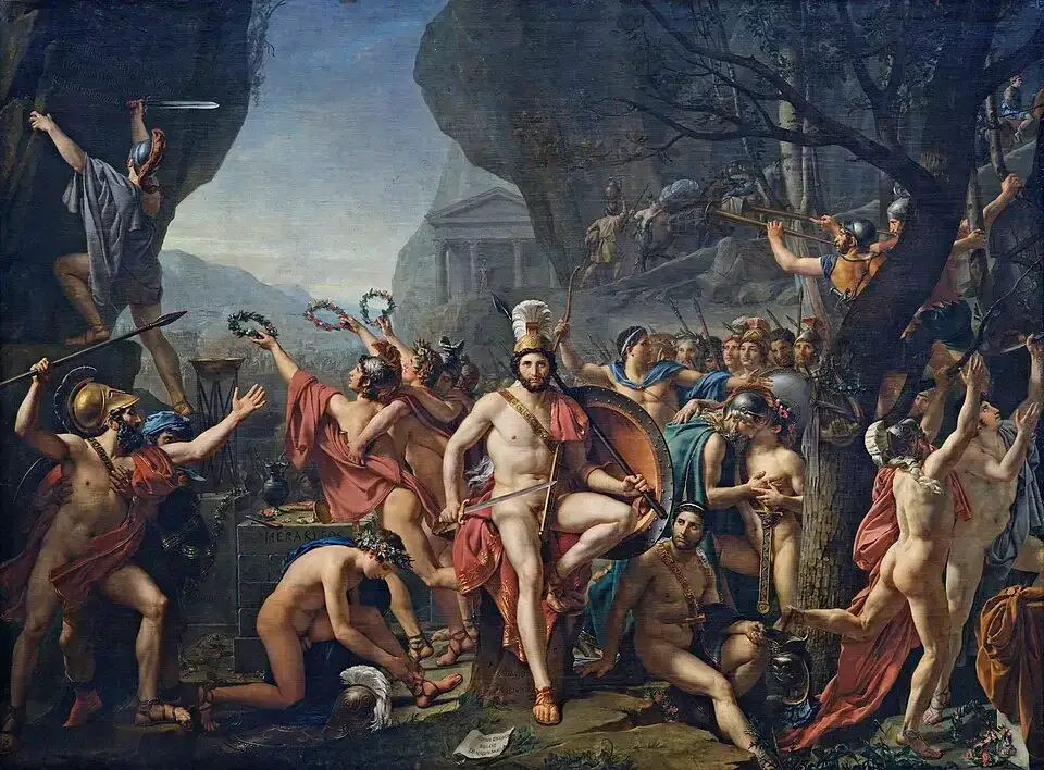 Bức tranh Leonidas at Thermopylae của Jacques-Louis David với bố cục anh hùng và tinh thần tân cổ điển